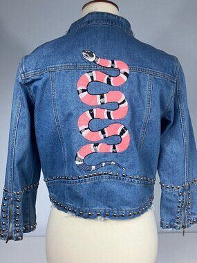 Fernanda Farah Snake Patch Denim Crop Moto Jacket Embroidered Studded Medium